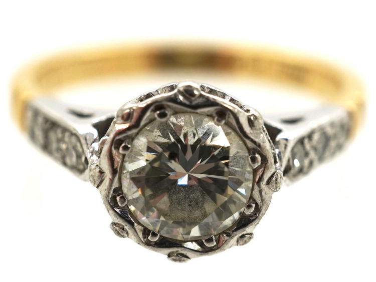 Art Deco Solitaire Diamond Ring With Diamond Set Shoulders