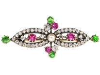 Edwardian 15ct Gold, Green Garnet, Ruby, Pearl & Diamond Suffragette Brooch