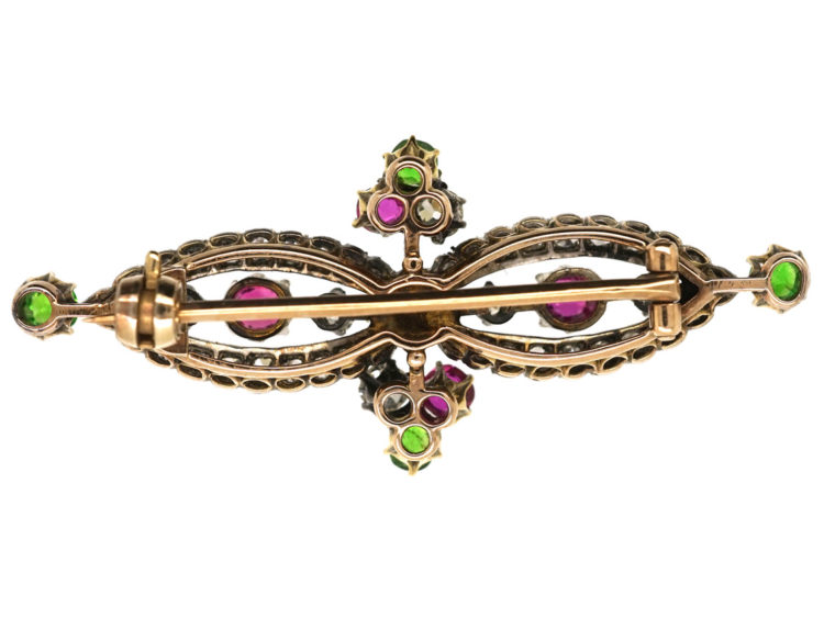 Edwardian 15ct Gold, Green Garnet, Ruby, Pearl & Diamond Suffragette Brooch
