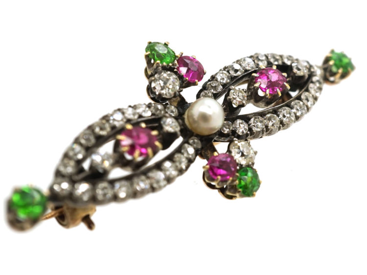 Edwardian 15ct Gold, Green Garnet, Ruby, Pearl & Diamond Suffragette Brooch