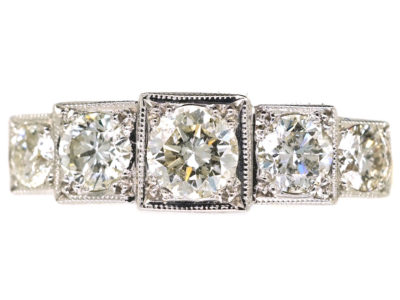 Art Deco Style 18ct Gold & Platinum Step Cut Design, Five Stone Diamond Ring