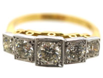 Art Deco Style 18ct Gold & Platinum Step Cut Design, Five Stone Diamond Ring