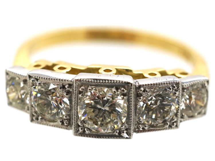 Art Deco Style 18ct Gold & Platinum Step Cut Design, Five Stone Diamond Ring