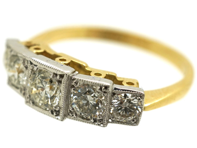 Art Deco Style 18ct Gold & Platinum Step Cut Design, Five Stone Diamond Ring