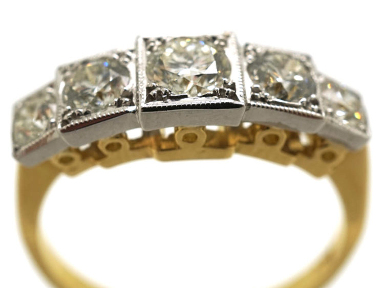 Art Deco Style 18ct Gold & Platinum Step Cut Design, Five Stone Diamond Ring