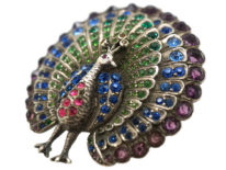 Edwardian Silver & Coloured Paste Peacock Brooch