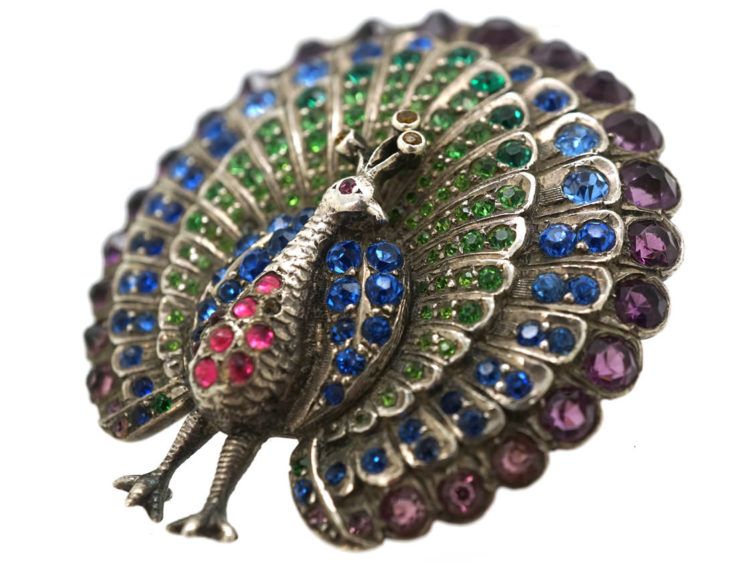 Edwardian Silver & Coloured Paste Peacock Brooch