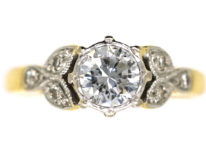 Art Deco Diamond Solitaire Ring with Diamond Set Leaf Shoulders