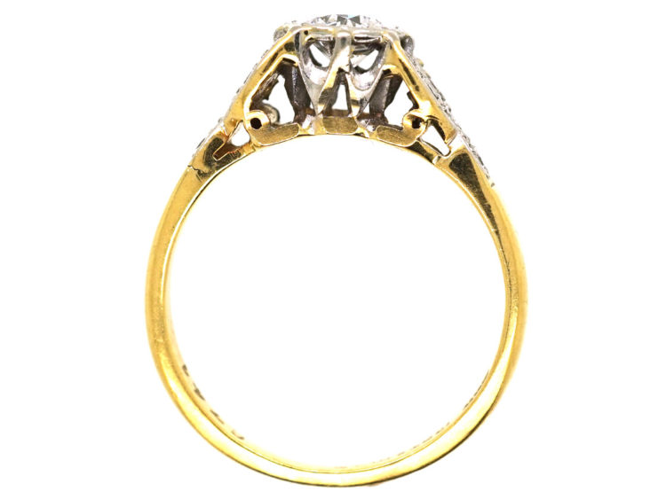 Art Deco Diamond Solitaire Ring with Diamond Set Leaf Shoulders