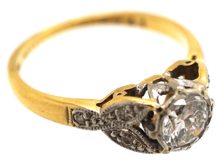 Art Deco Diamond Solitaire Ring with Diamond Set Leaf Shoulders