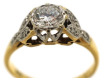 Art Deco Diamond Solitaire Ring with Diamond Set Leaf Shoulders