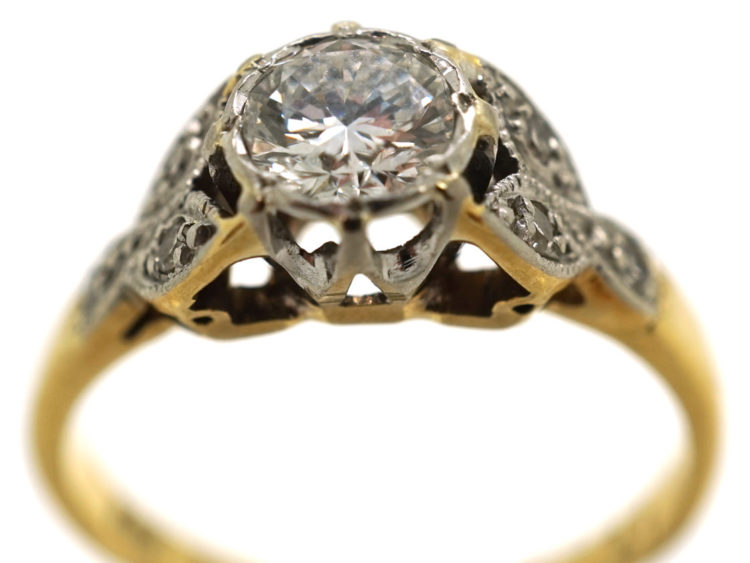Art Deco Diamond Solitaire Ring with Diamond Set Leaf Shoulders