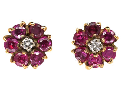 18ct Gold, Ruby & Diamond Cluster Earrings