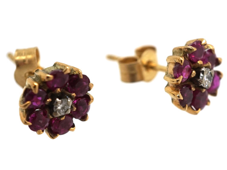18ct Gold, Ruby & Diamond Cluster Earrings