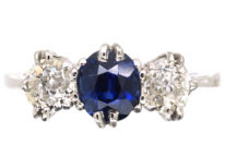 Art Deco 18ct White Gold, Diamond & Sapphire Three Stone Ring