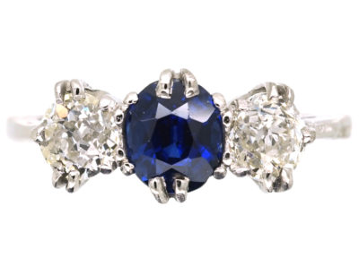 Art Deco 18ct White Gold, Diamond & Sapphire Three Stone Ring