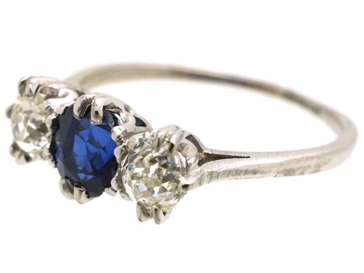 Art Deco 18ct White Gold, Diamond & Sapphire Three Stone Ring