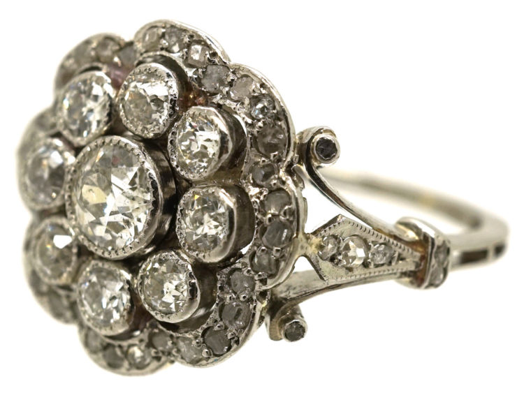 Edwardian Platinum & Diamond Cluster Ring with Scalloped Edge