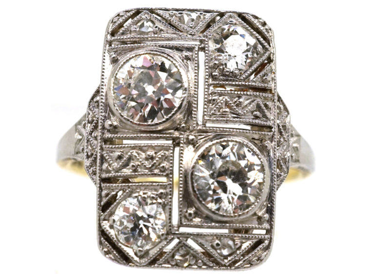 Art Deco 14ct White Gold & Diamond Plaque Ring