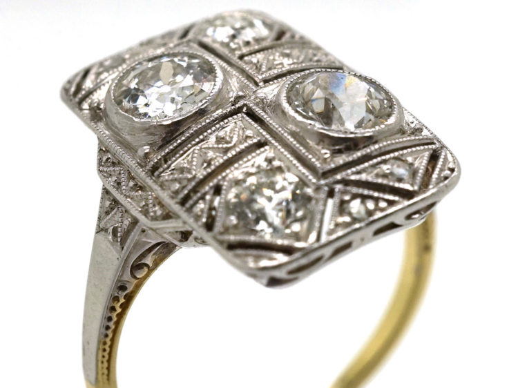 Art Deco 14ct White Gold & Diamond Plaque Ring