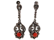 Art Deco Silver, Paste & Coral Drop Earrings