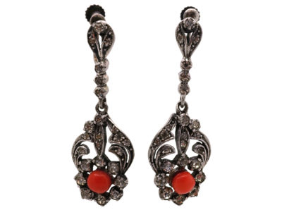 Art Deco Silver, Paste & Coral Drop Earrings