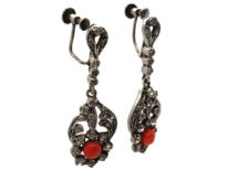 Art Deco Silver, Paste & Coral Drop Earrings