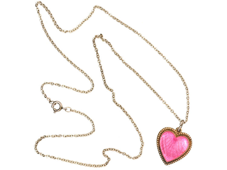 Norwegian Silver Gilt & Pink Enamel Heart Pendant on Silver Chain by Elvic & Co