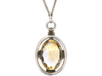 Art Deco Silver Pendant set with a Large Oval Citrine on Silver Chain