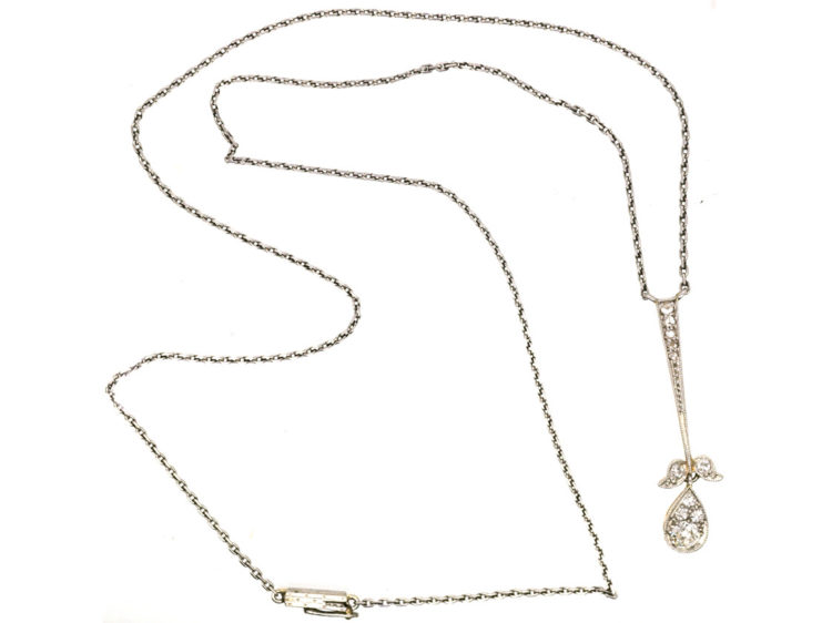 Art Deco Platinum & 15ct Gold Diamond Flower Drop Pendant on Chain