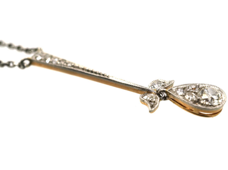 Art Deco Platinum & 15ct Gold Diamond Flower Drop Pendant on Chain