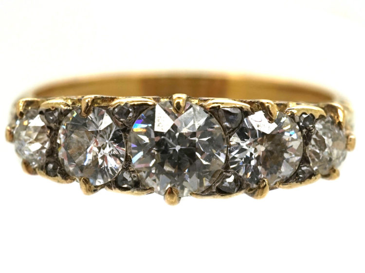Victorian 18ct Gold, Five Stone Diamond Carved Half Hoop Ring