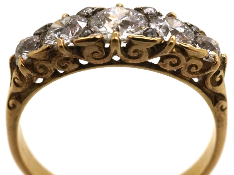Victorian 18ct Gold, Five Stone Diamond Carved Half Hoop Ring