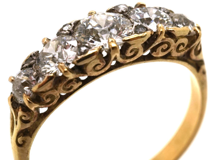Victorian 18ct Gold, Five Stone Diamond Carved Half Hoop Ring