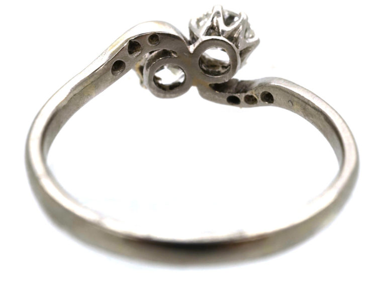 Edwardian Platinum, Two Stone Diamond Crossover Ring With Diamond Set Shoulders