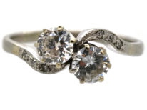 Edwardian Platinum, Two Stone Diamond Crossover Ring With Diamond Set Shoulders