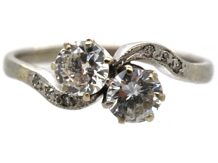 Edwardian Platinum, Two Stone Diamond Crossover Ring With Diamond Set Shoulders