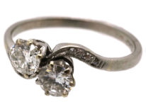 Edwardian Platinum, Two Stone Diamond Crossover Ring With Diamond Set Shoulders