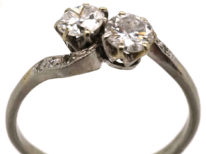 Edwardian Platinum, Two Stone Diamond Crossover Ring With Diamond Set Shoulders