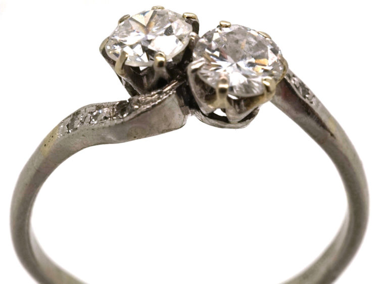 Edwardian Platinum, Two Stone Diamond Crossover Ring With Diamond Set Shoulders