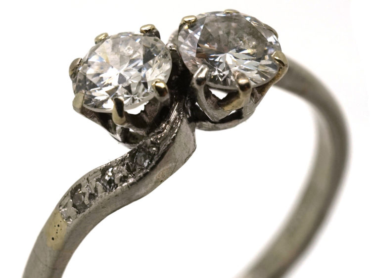 Edwardian Platinum, Two Stone Diamond Crossover Ring With Diamond Set Shoulders