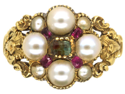 15ct Gold Regency Emerald, Natural Split Pearl & Ruby Cluster Ring 15ct Gold Regency Emerald, Natural Split Pearl & Ruby Cluster Ring