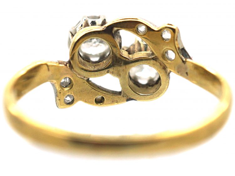 Edwardian 18ct Gold & Platinum Two Stone Diamond Crossover Ring