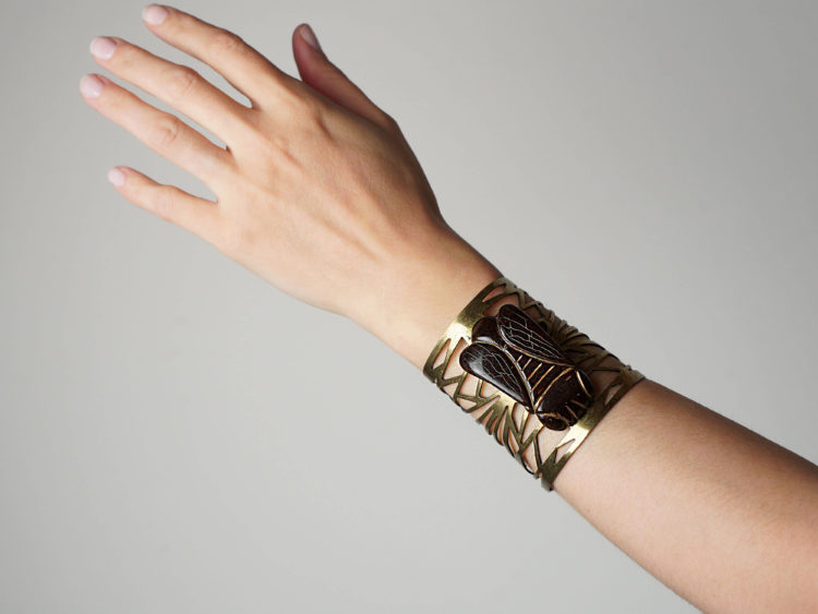 French Art Nouveau Base Metal & Carved Horn Bug Bangle