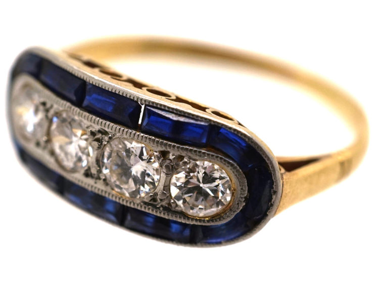 Art Deco 18ct Gold & Platinum, Sapphire & Diamond Boat Shaped Ring