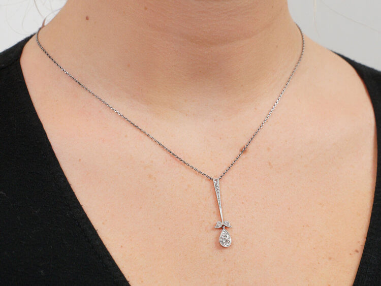 Art Deco Platinum & 15ct Gold Diamond Flower Drop Pendant on Chain