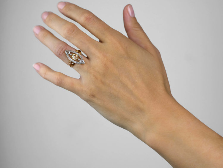 Art Deco Diamond Marquise Ring set with a Central Fancy Peach Diamond