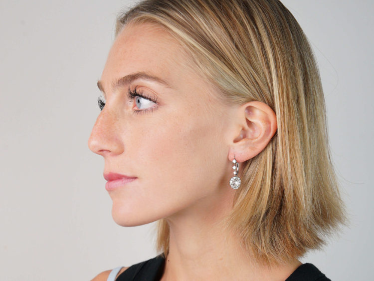 Edwardian 18ct White Gold & Diamond Cluster Drop Earrings