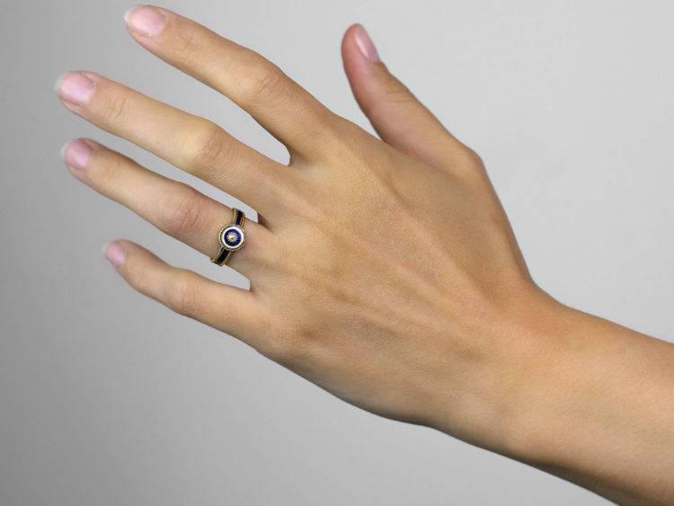 Georgian 18ct Gold, Triple Band, White & Royal Blue Enamel Ring with a Central Natural Split Pearl