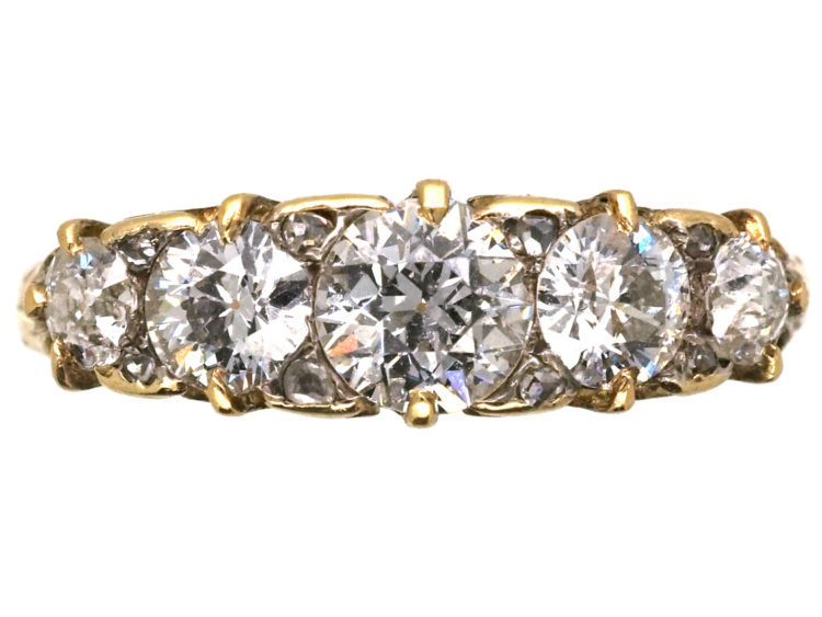Victorian 18ct Gold, Five Stone Diamond Carved Half Hoop Ring